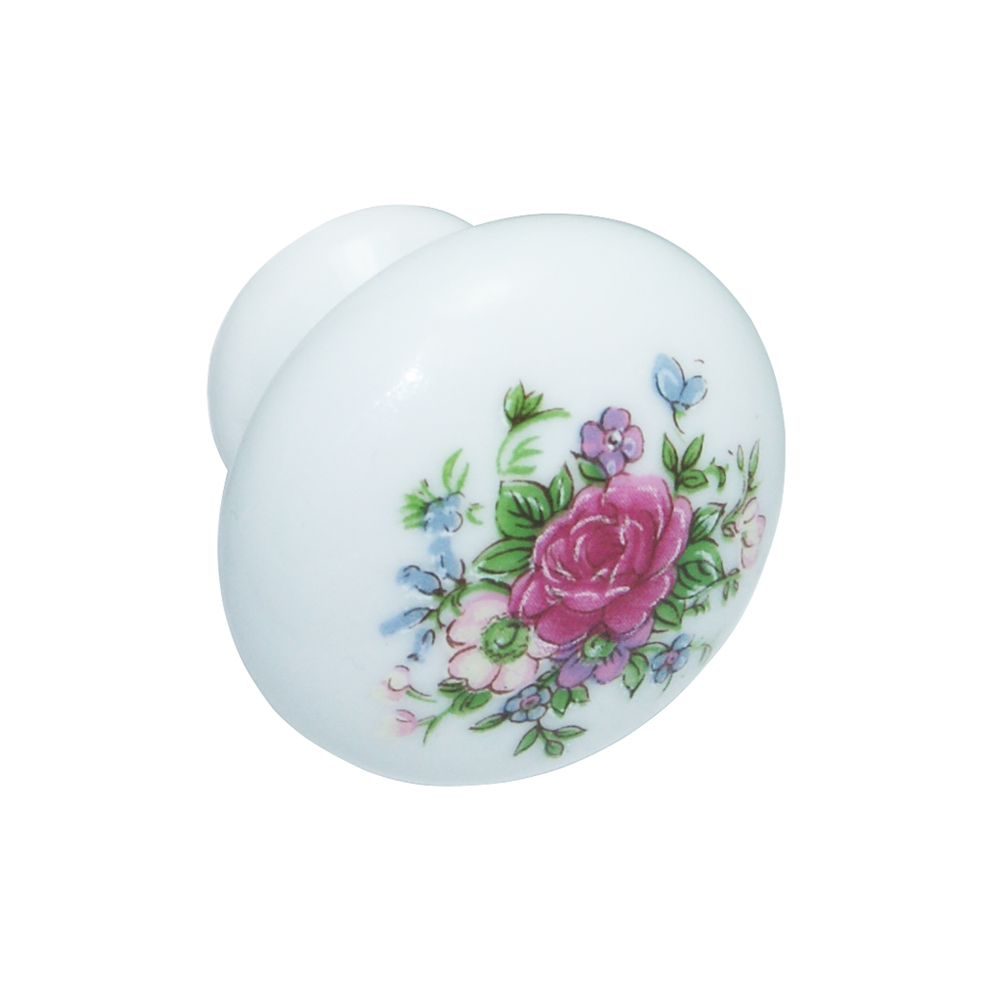Pomolo d. 30 mm porcellana bianca fiore rosa