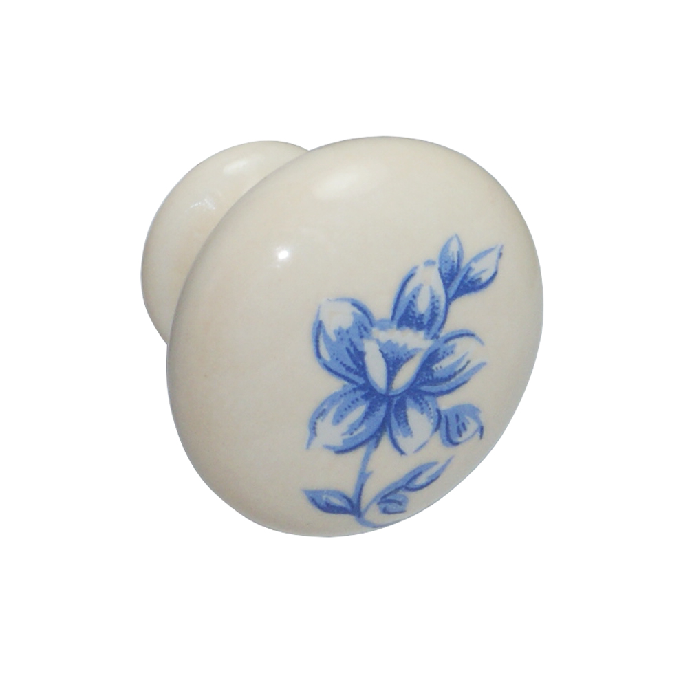 Pomolo d. 30 mm porcellana avorio fiore azzurro