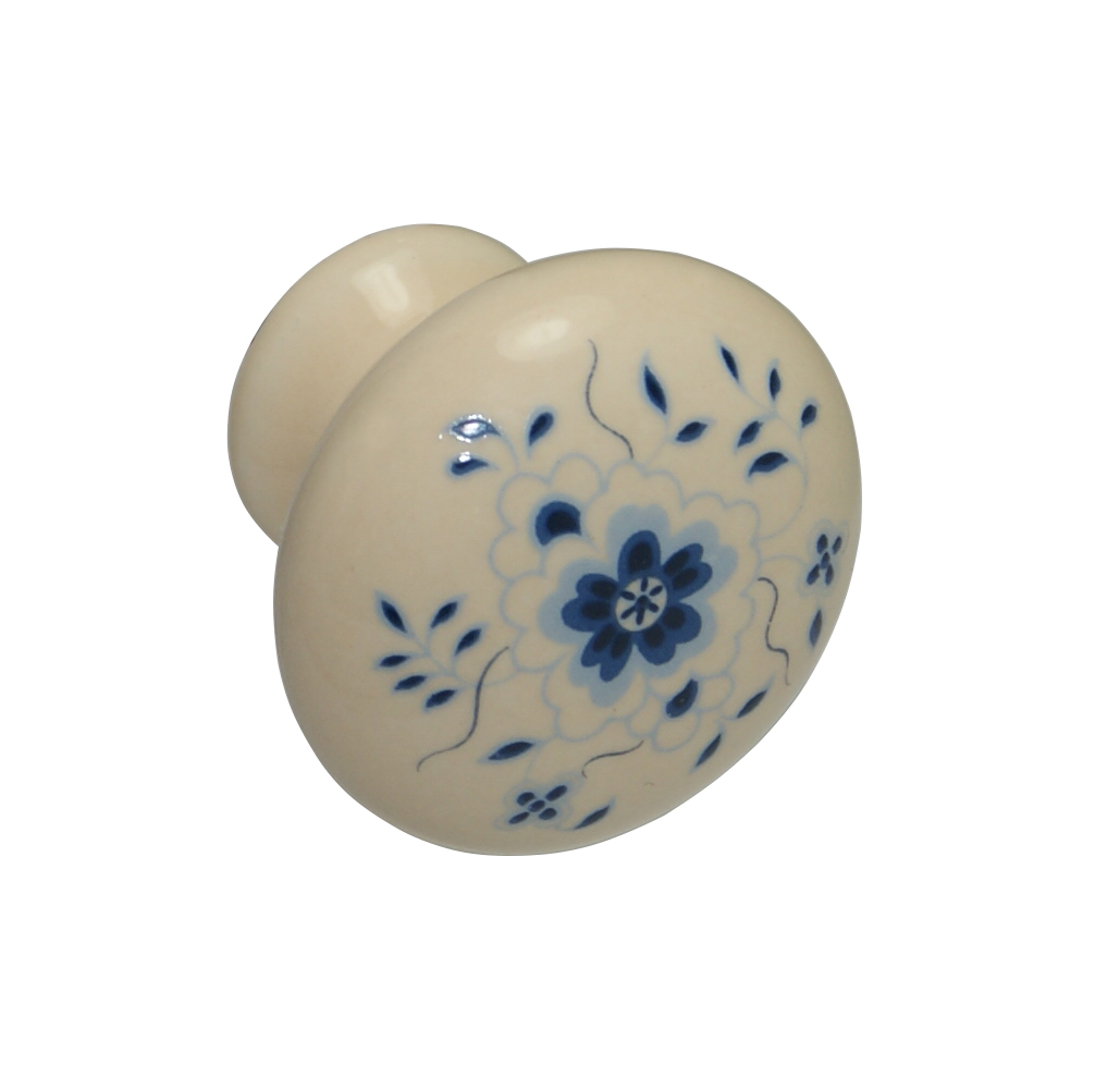 Pomolo d. 36 mm porcellana avorio fiore blu