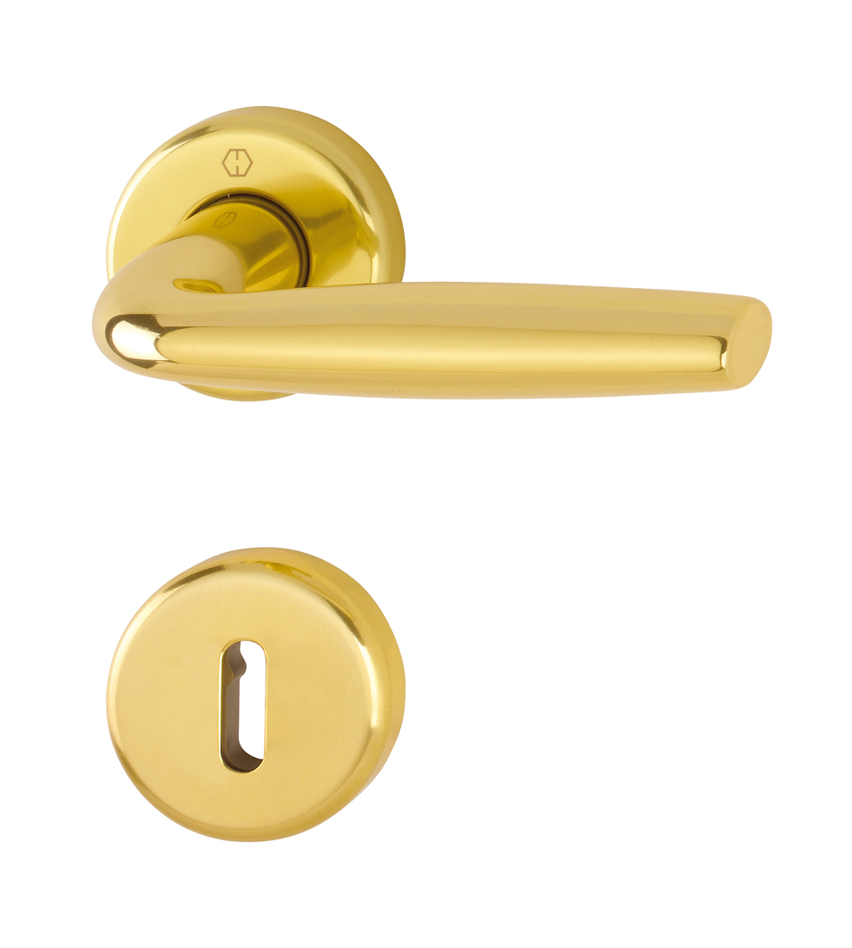 Maniglia Hoppe Milos con rosetta e bocchetta tonde diametro 52 mm oro lucido per porte da interni