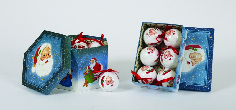 Palline di Natale blu 14 sfere 7,5 cm con decorazione Babbo Natale in scatola
