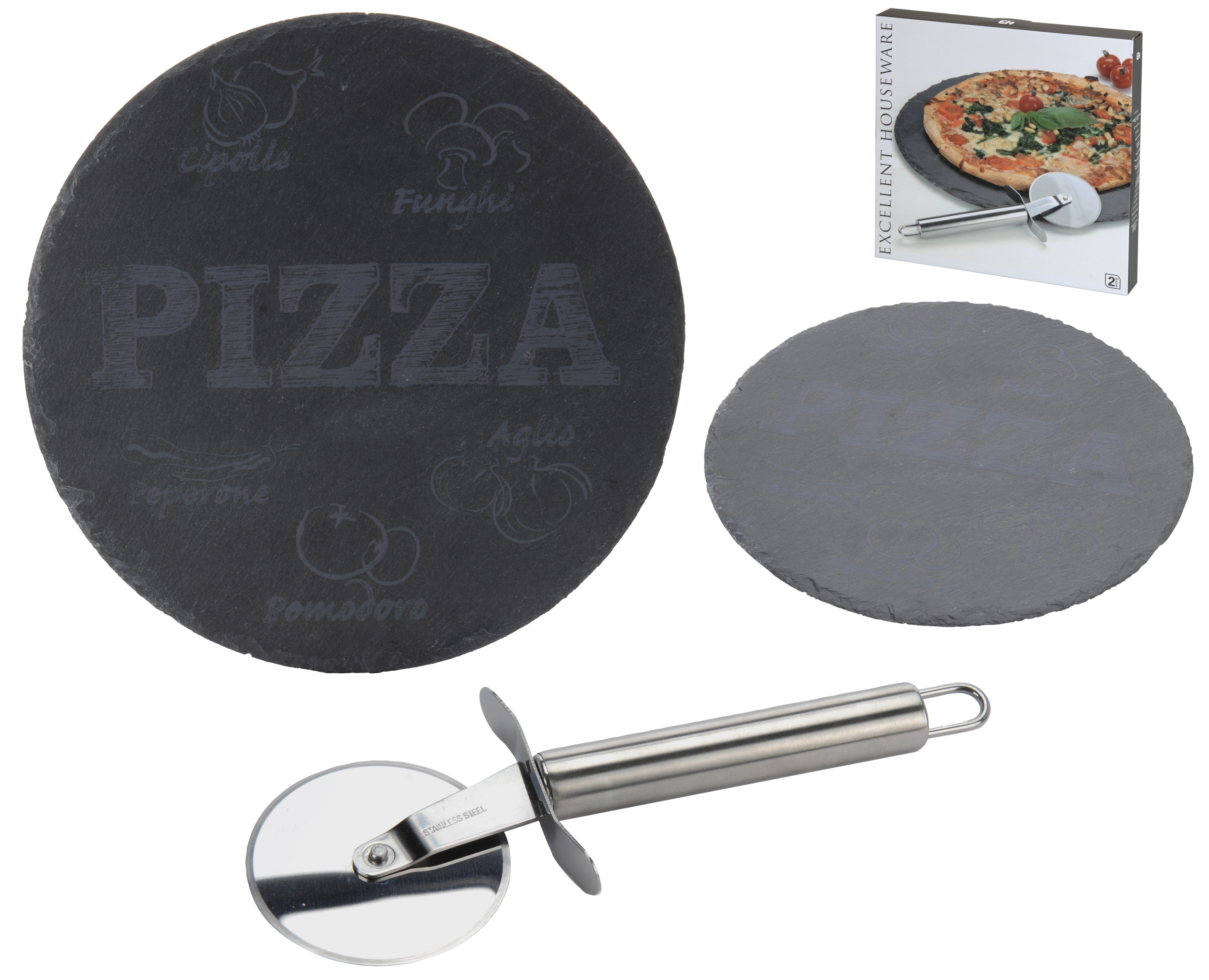 Tagliere ardesia pizza d. 30 cm + rotella inox