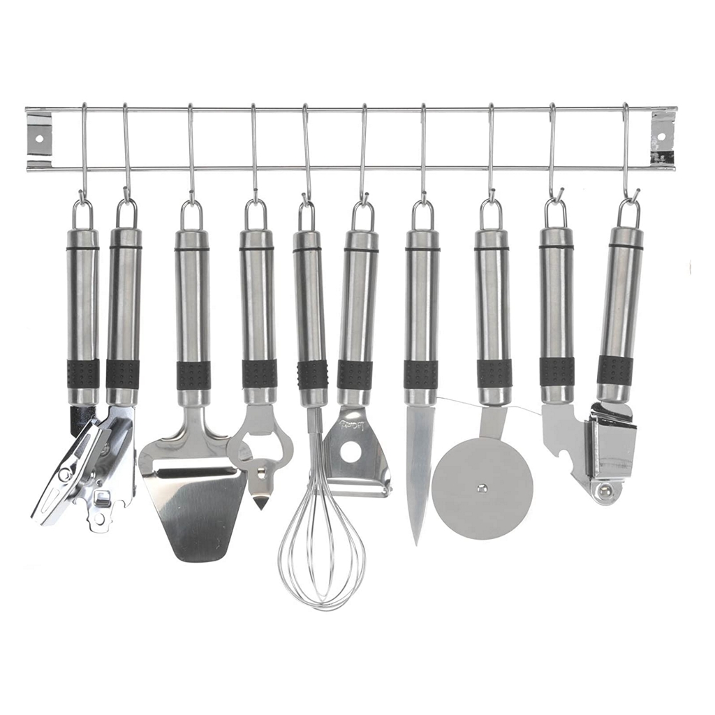 Set 9 utensili da cucina in acciaio con supporto