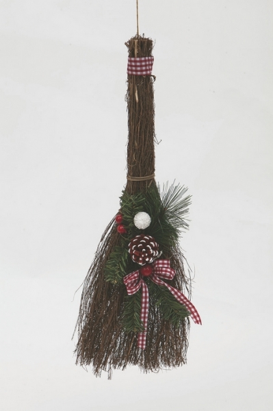 Scopa con pigna e nastro a quadretti 55 cm decorazione natalizia 