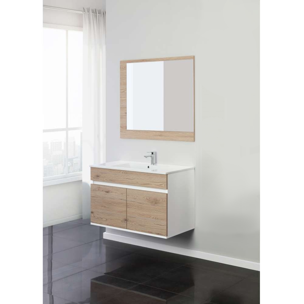 Composizione bagno Fabula con mobile lavello specchio e luce bianco e rovere 92x47x58 cm