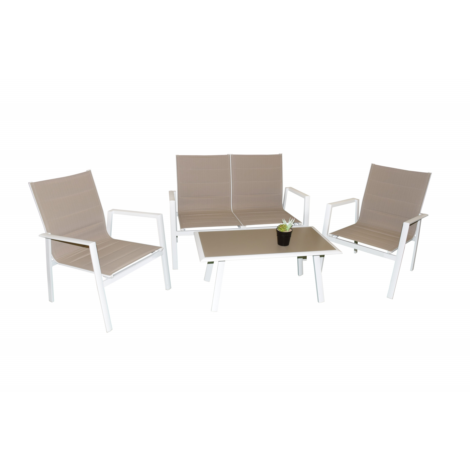 Salotto da giardino Almissa con sedie divano e tavolo basso bianco tortora