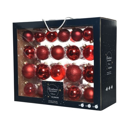Set 42pz palline per albero di Natale in vetro rosso misure assortite