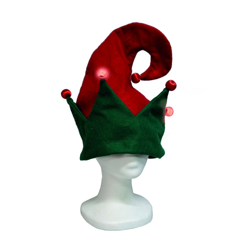 Cappello elfo 28x33 cm rosso e verde con pon-pon luminosi