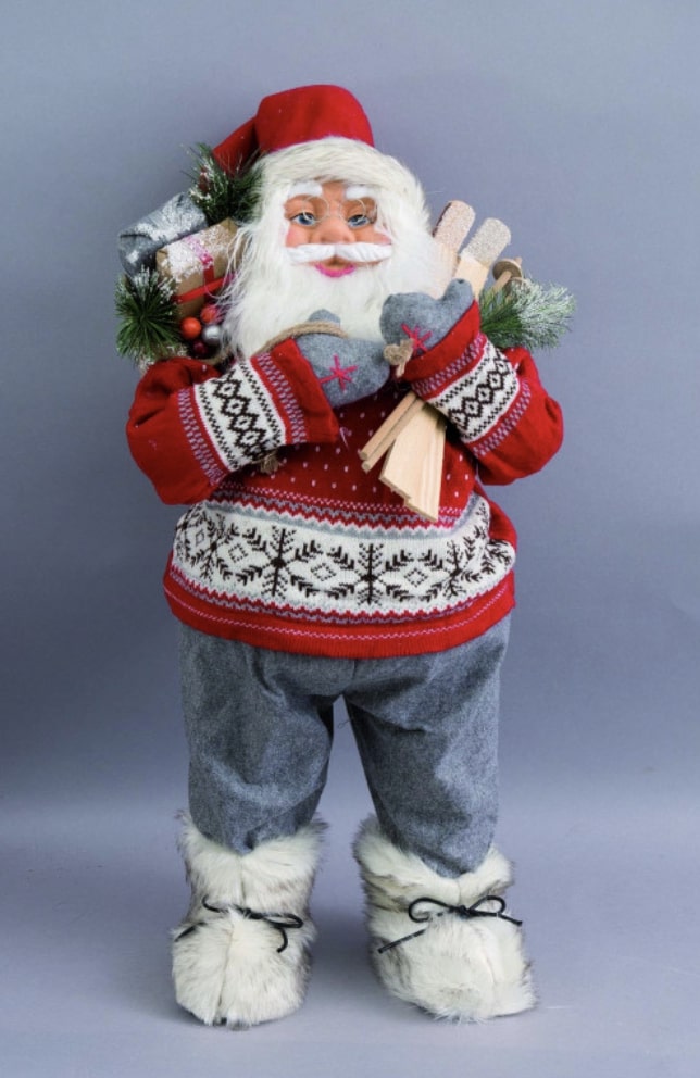 Babbo Natale fisso 90 cm con maglione in lana rosso e sci di legno