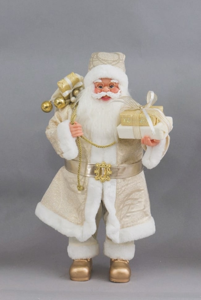 Babbo Natale fisso 60 cm con sacco regali bianco e oro
