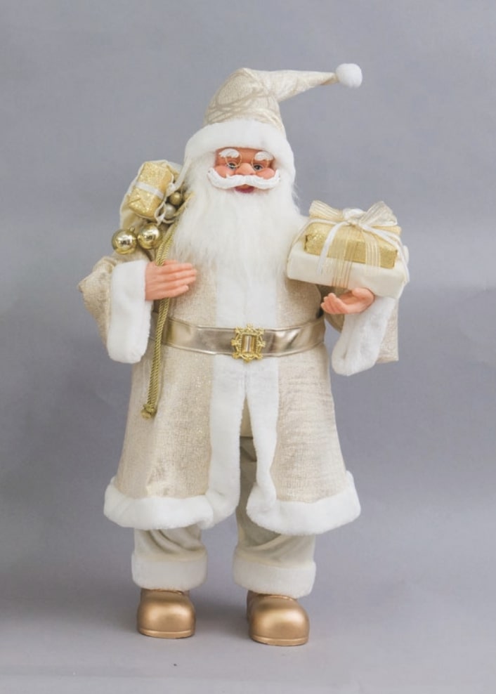 Babbo Natale fisso 80 cm con sacco regali bianco e oro