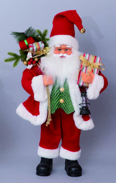 Babbo Natale rosso fisso 60 cm panciotto verde e sacco regali