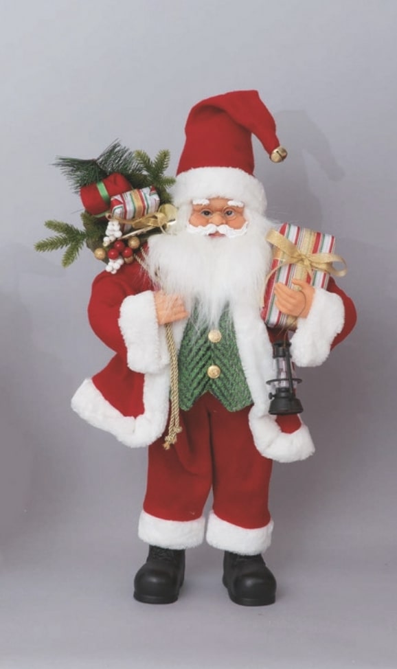 Babbo Natale rosso fisso 80 cm panciotto verde e sacco regali