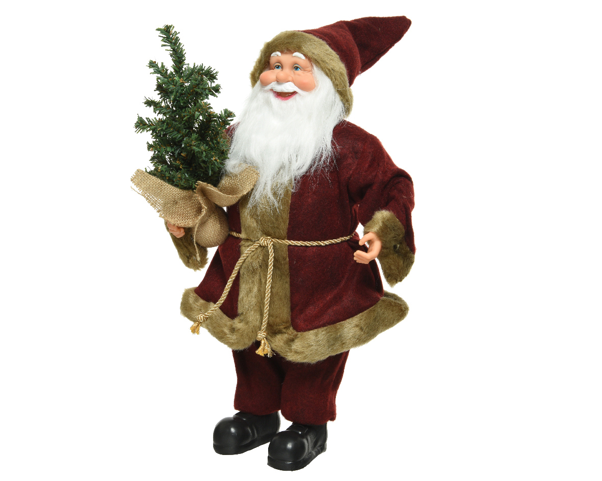 Babbo Natale fisso 45 cm con vestito rosso e beige e albero