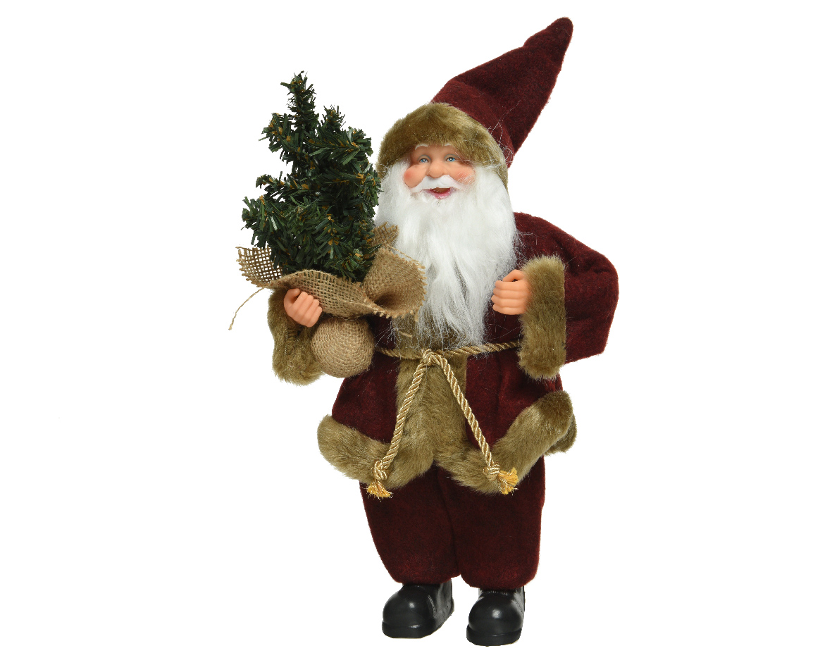 Babbo Natale fisso 30 cm con vestito rosso e beige con albero