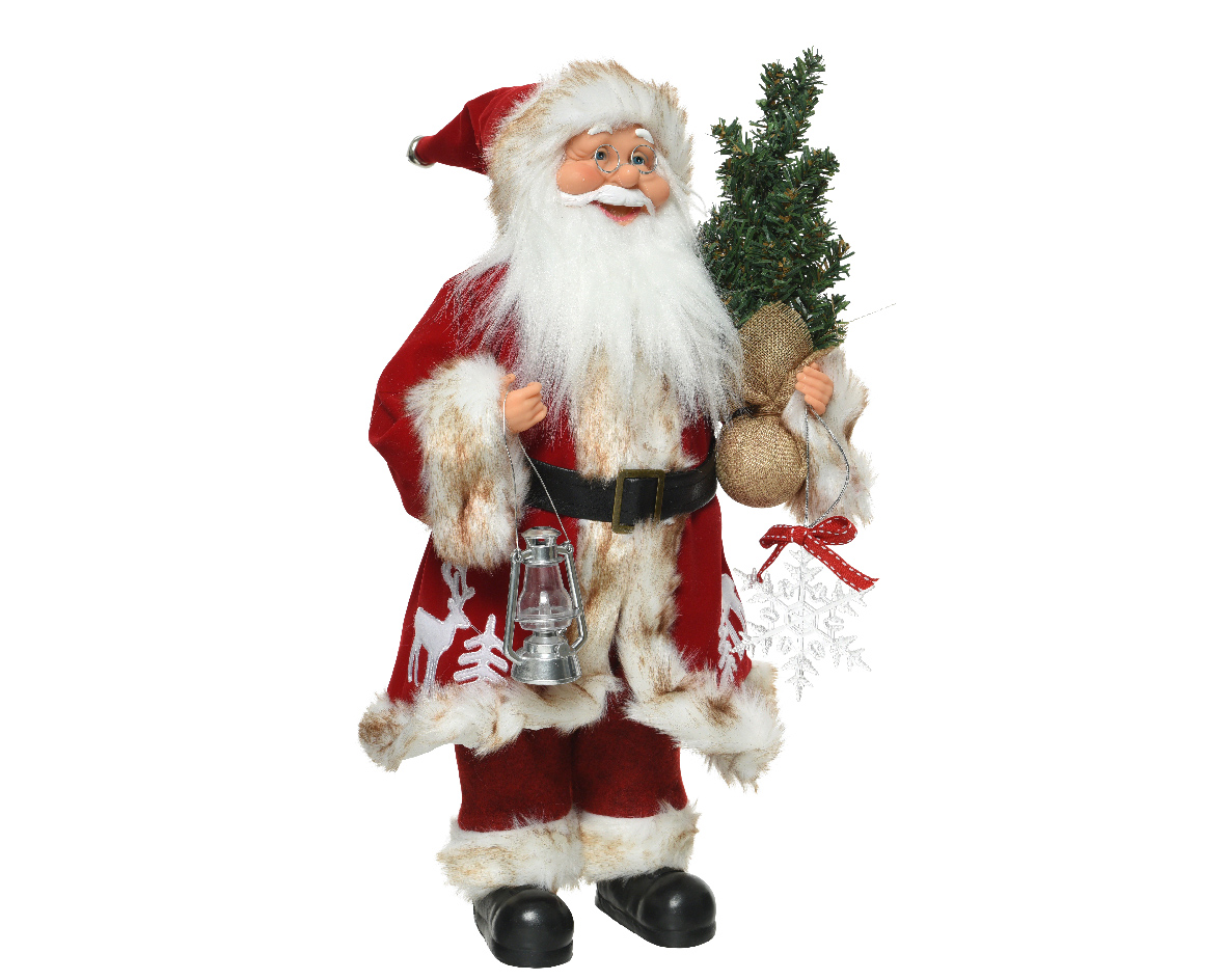Babbo Natale fisso 45 cm con vestito rosso e bianco decorato e albero