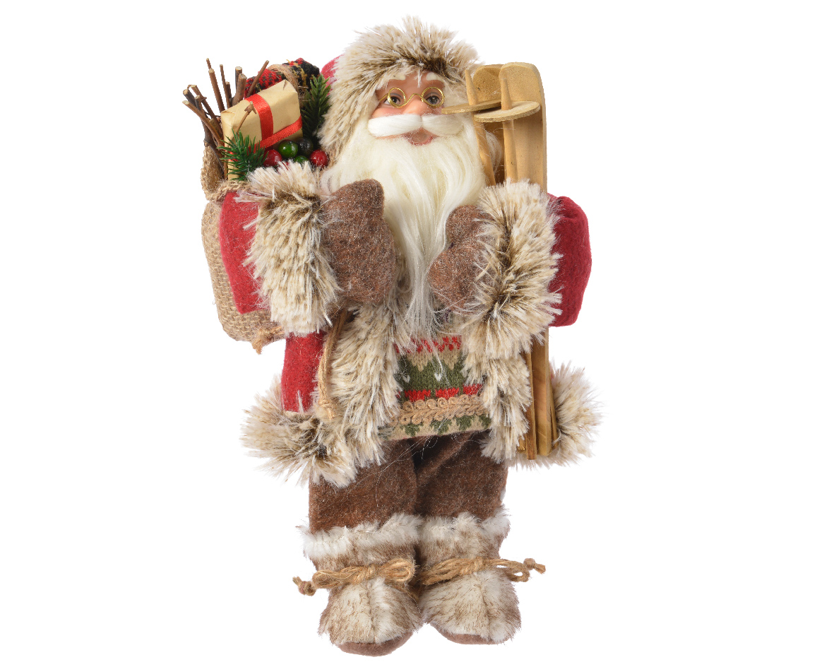 Babbo Natale fisso 30 cm country con vestito rosso e beige e sacco con doni