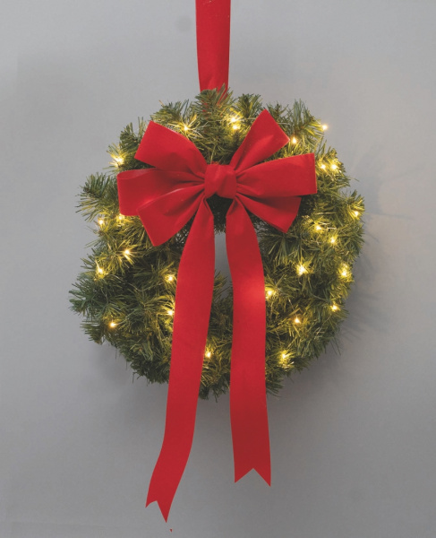 Corona di Natale dietro porta Ø 40 cm con fiocco in velluto rosso e luci