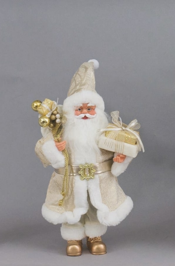 Babbo Natale fisso 40 cm con vestito bianco e oro e sacco con doni
