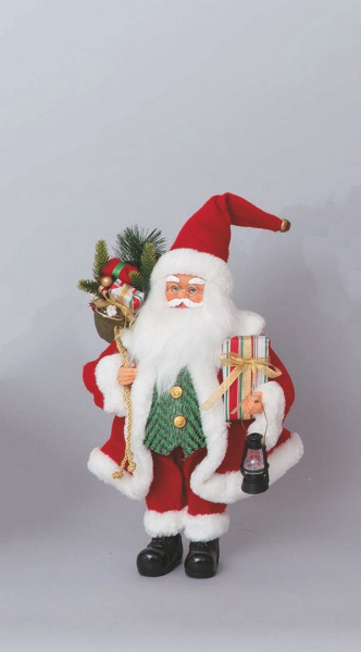 Babbo Natale fisso rosso 40 cm con panciotto verde e sacco con doni