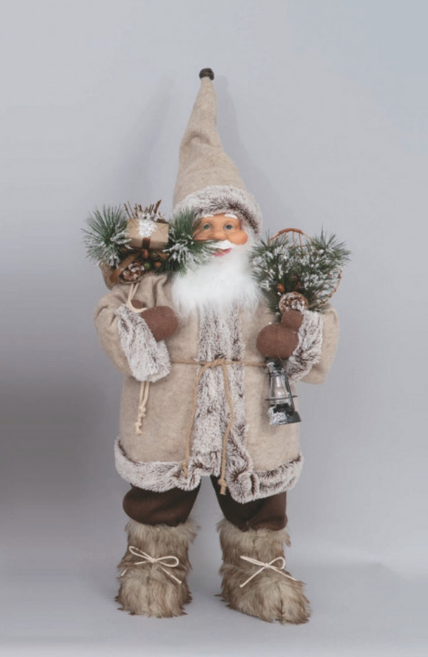 Babbo Natale marrone fisso 80 cm con lanterna e e sacco regali