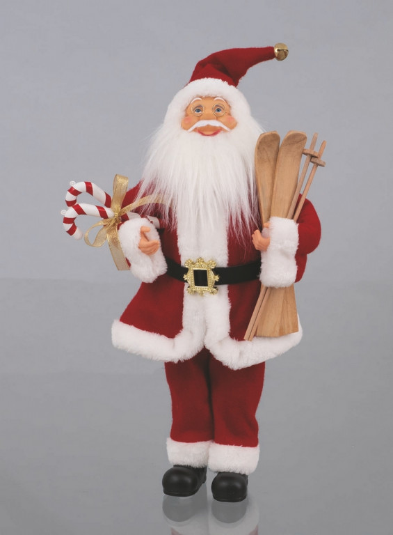 Babbo Natale fisso 50 cm con decorazione sci e bastoncini musica a corda